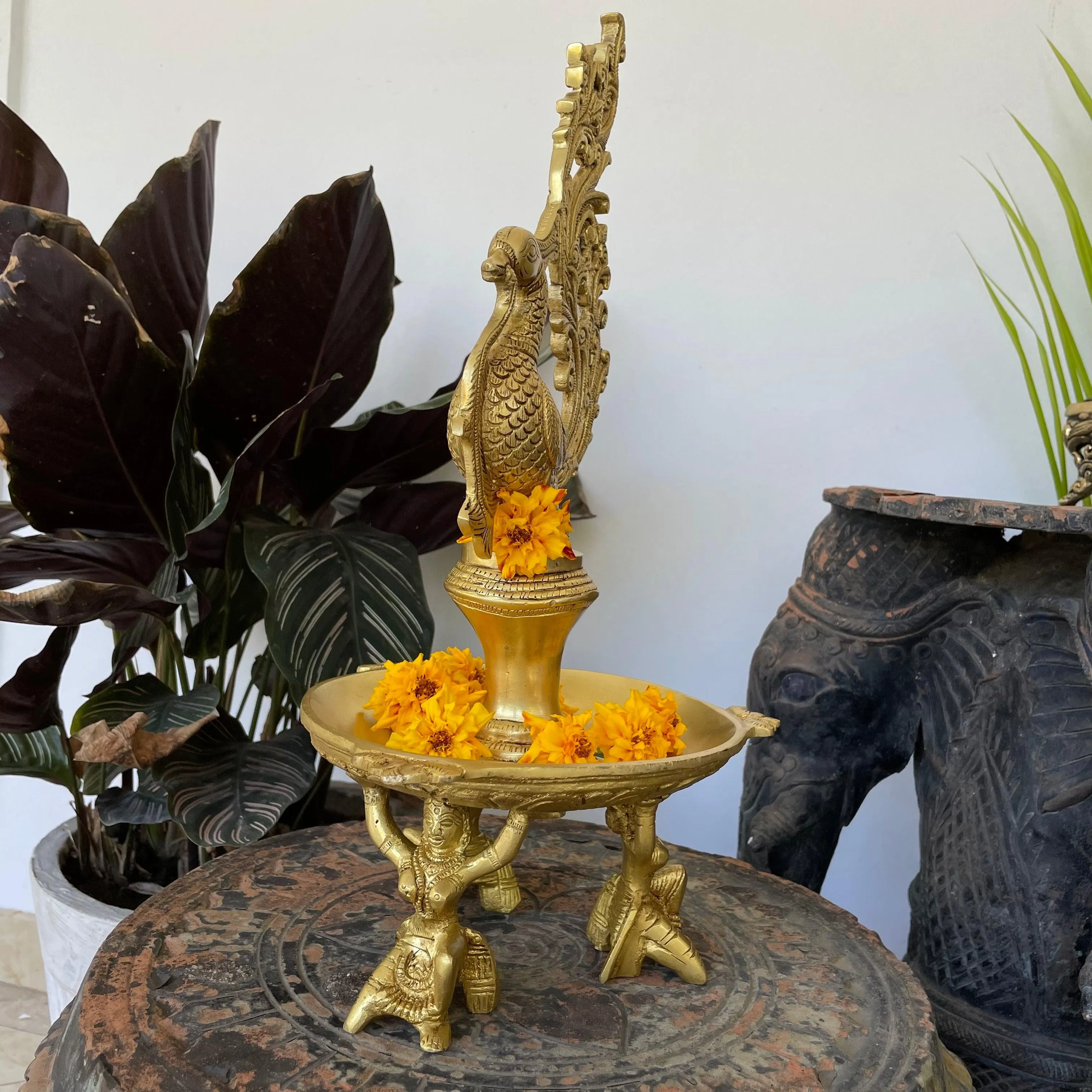 15 Inches Dancing Peacock Diya With Beautiful Lady Figures- Handmade Brass lamp Home Decor