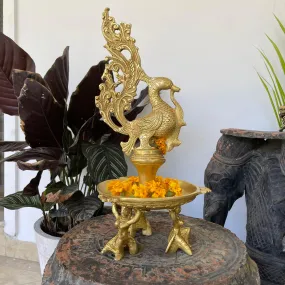 15 Inches Dancing Peacock Diya With Beautiful Lady Figures- Handmade Brass lamp Home Decor