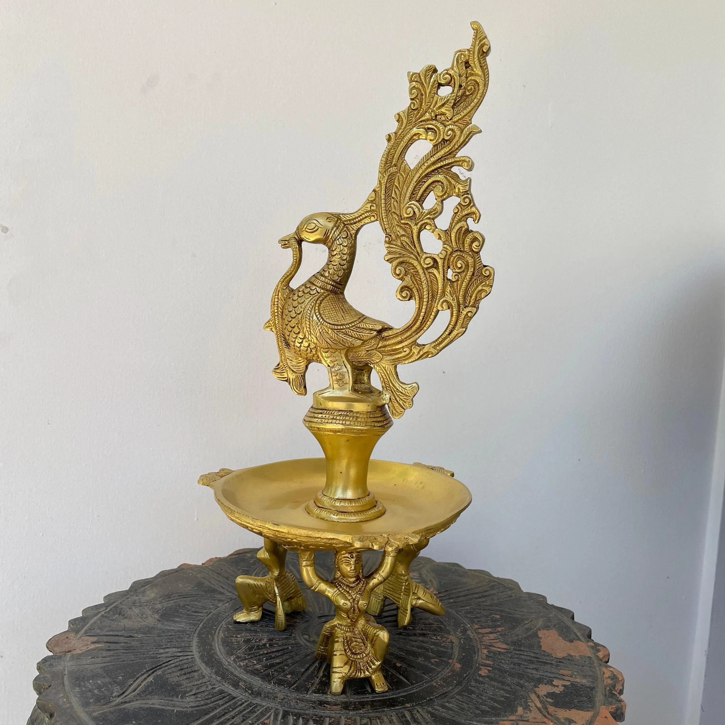 15 Inches Dancing Peacock Diya With Beautiful Lady Figures- Handmade Brass lamp Home Decor