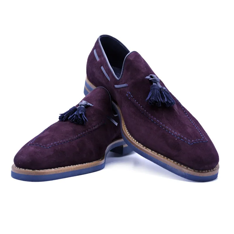 16-625-BDX CRAWFORD Sueded Goatskin & Crocodile Tassel Loafer, Bordeaux