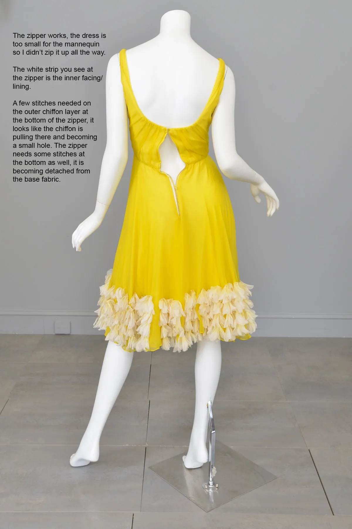 1960s Frothy and Sunny Chiffon Party Dress w amazing Petals at the hem