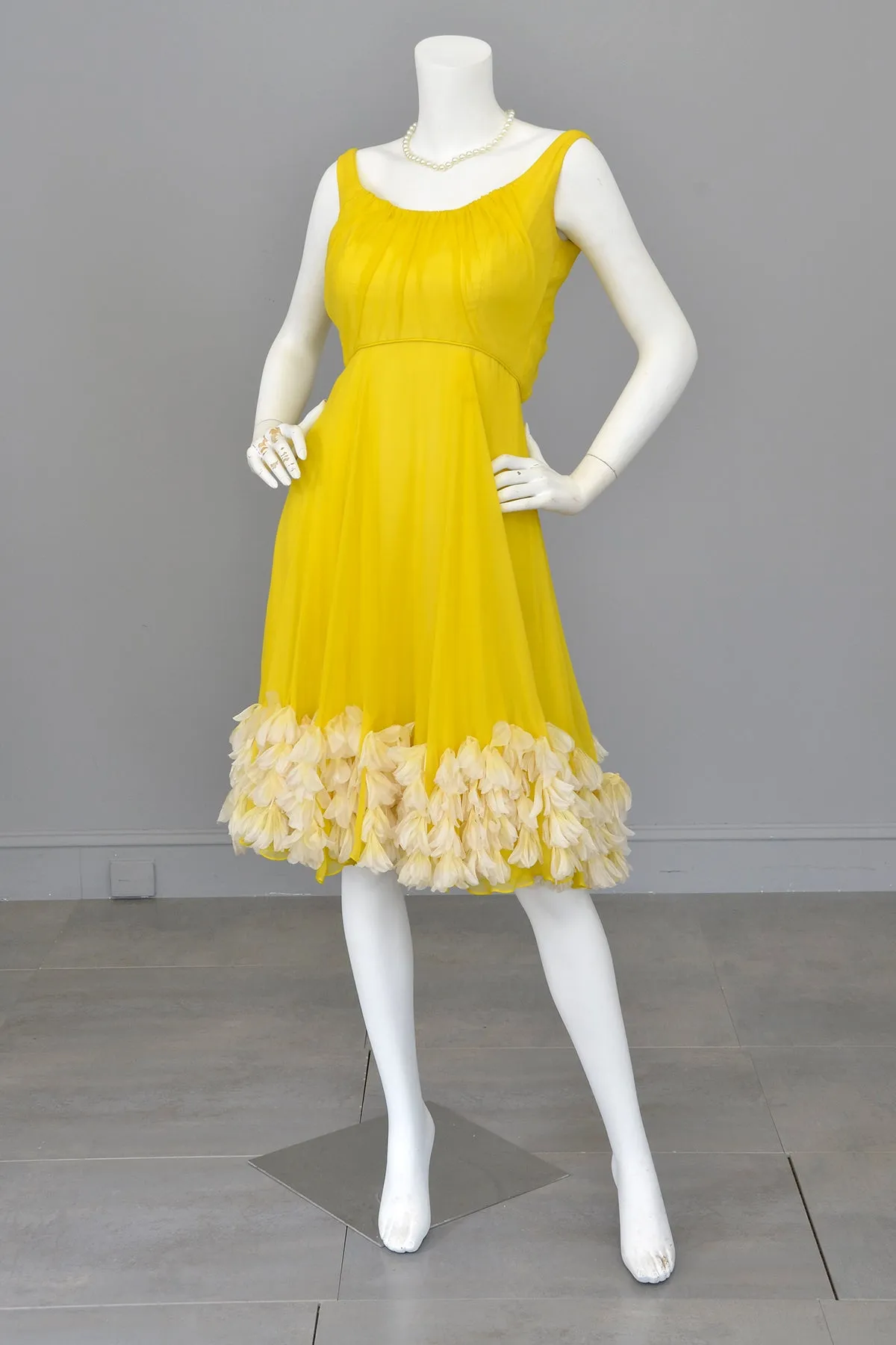 1960s Frothy and Sunny Chiffon Party Dress w amazing Petals at the hem