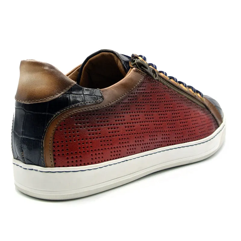 65-209-RED BREZZA Calfskin & Embossed Crocodile Sneaker, Red