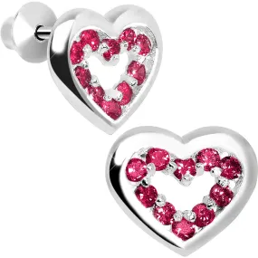 .925 Sterling Silver July CZ Open Heart Youth Screwback Earrings