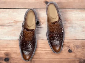 Awesome Handmade Men's Brown Alligator Textured Leather Shoes, Men Double Monk Dress Formal Shoes