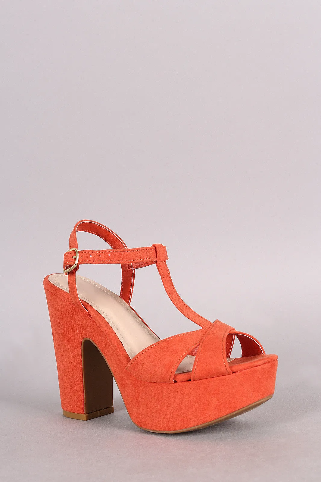 Bamboo T-Strap Open Toe Platform Chunky Heel