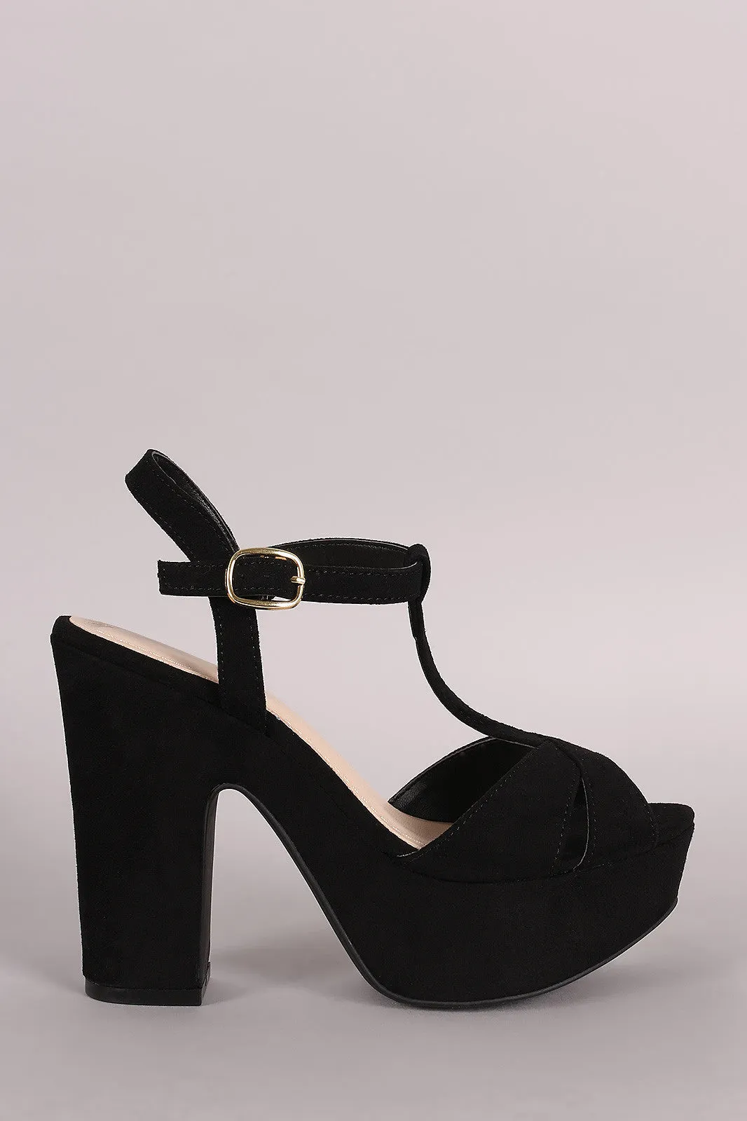 Bamboo T-Strap Open Toe Platform Chunky Heel