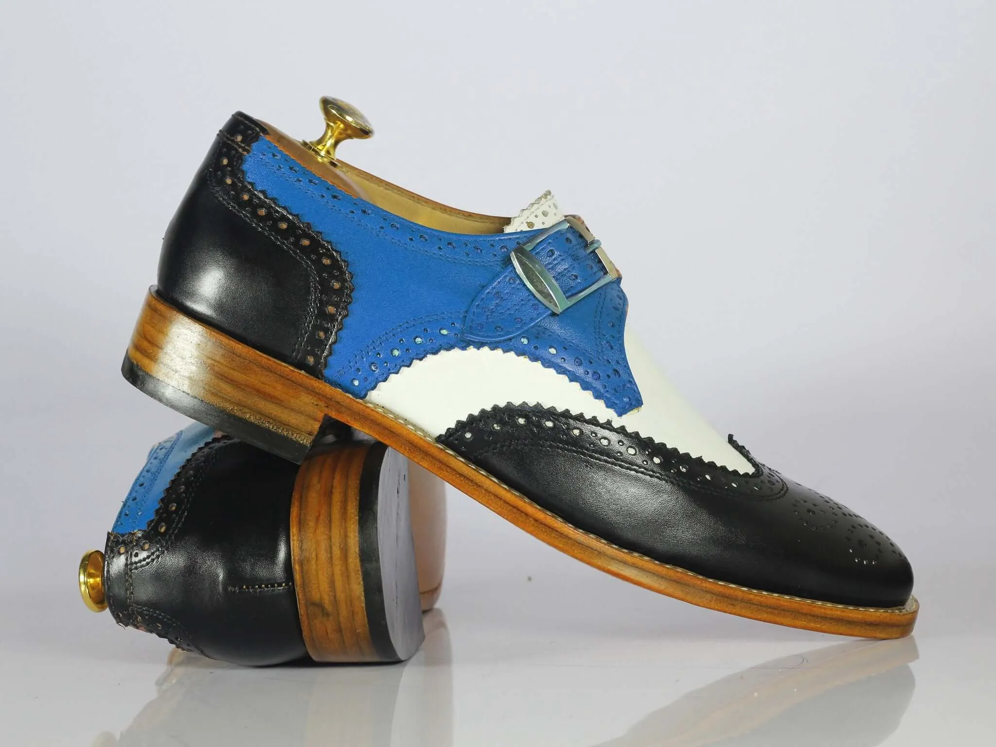 Bespoke Multi Color Leather Wing Tip Buckle Up Shoes, Men Monk Strap Dress Shoes