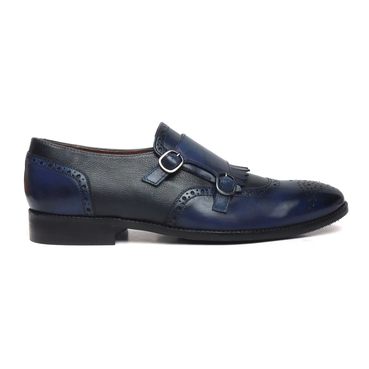 Blue/Black Leather Fringes Double Monk Strap Shoes By Brune & Bareskin