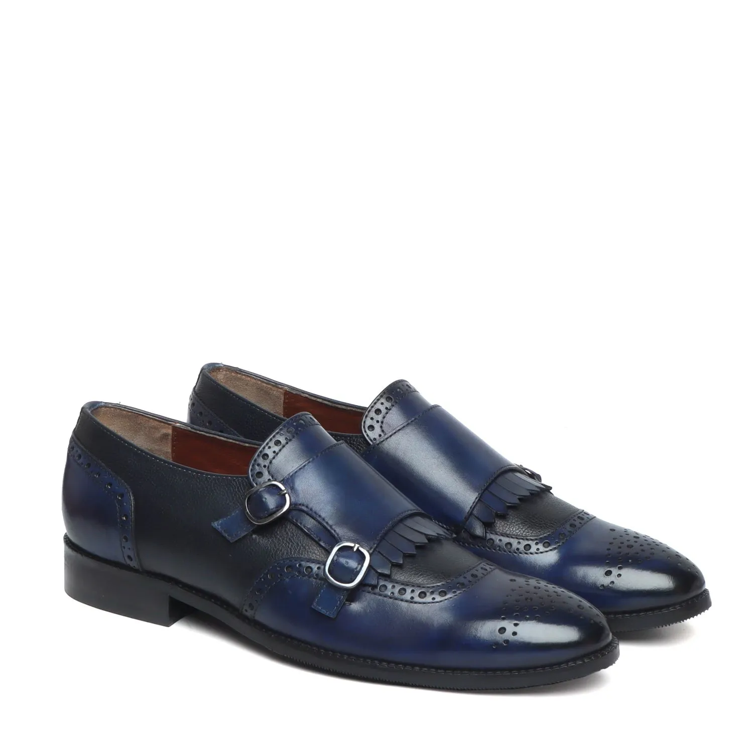 Blue/Black Leather Fringes Double Monk Strap Shoes By Brune & Bareskin