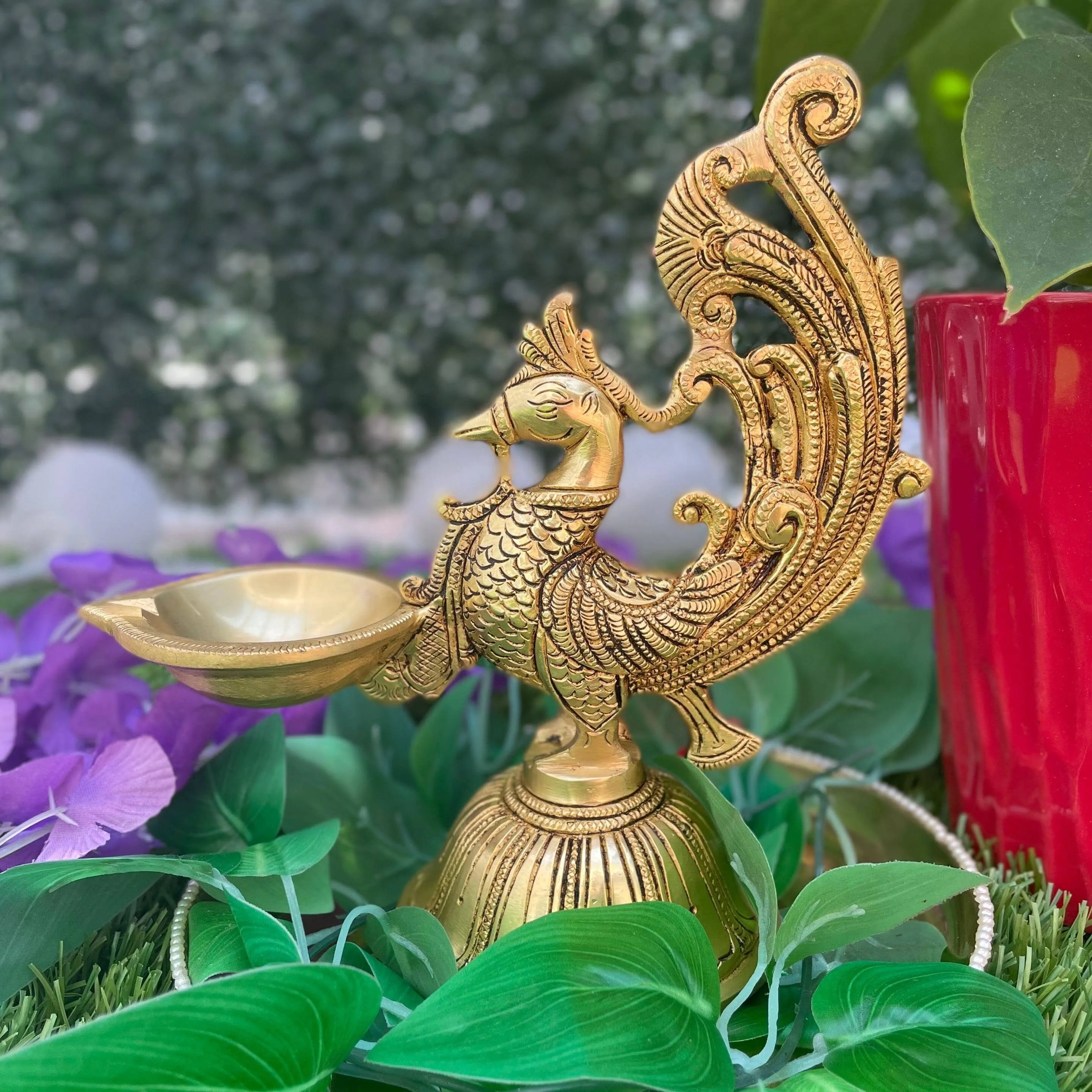 Dancing Peacock Diya - Handmade Brass lamp - Brass Diya For Pooja