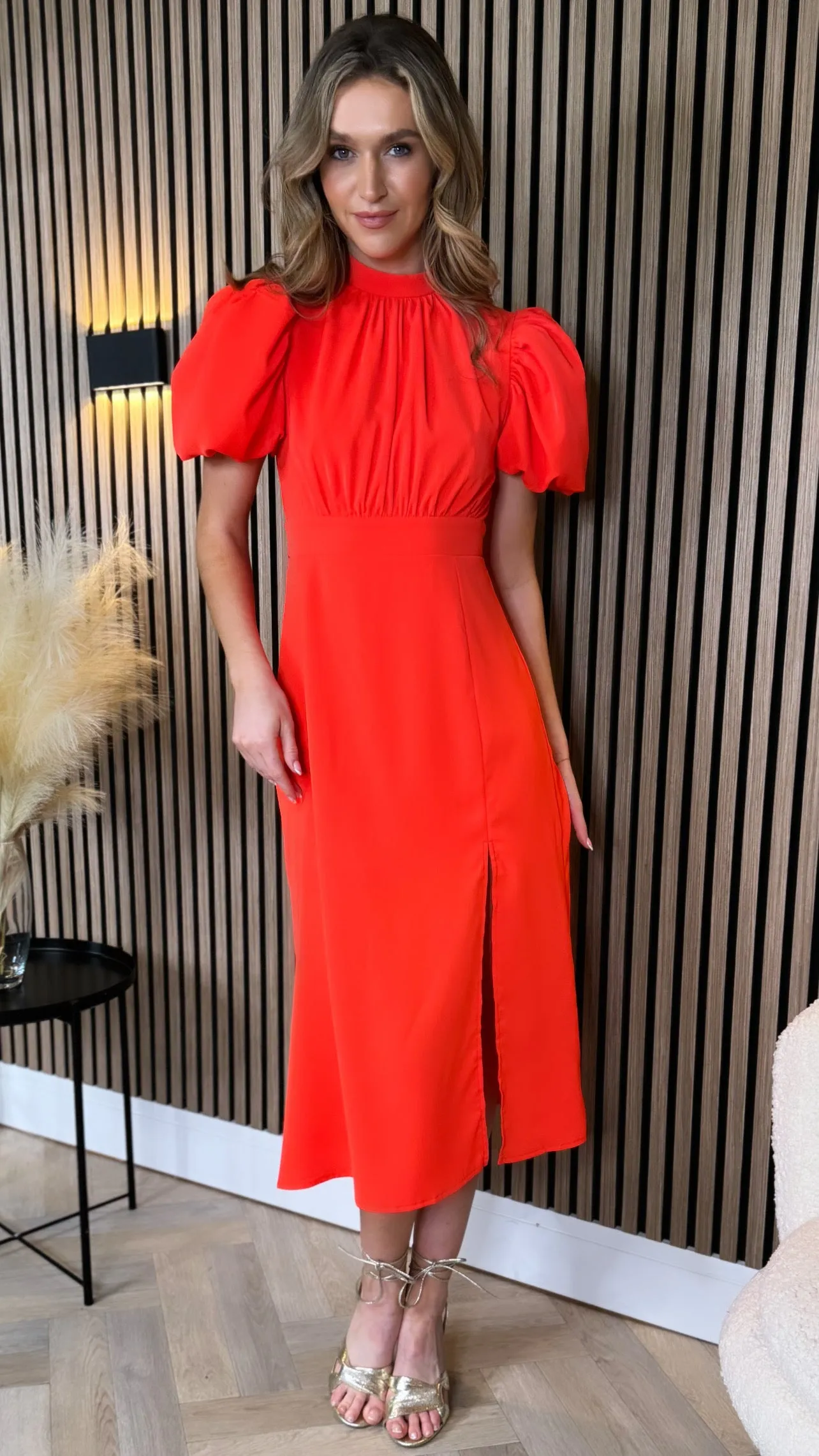 Elara Orange Puff Sleeve High Neck Midi Dress