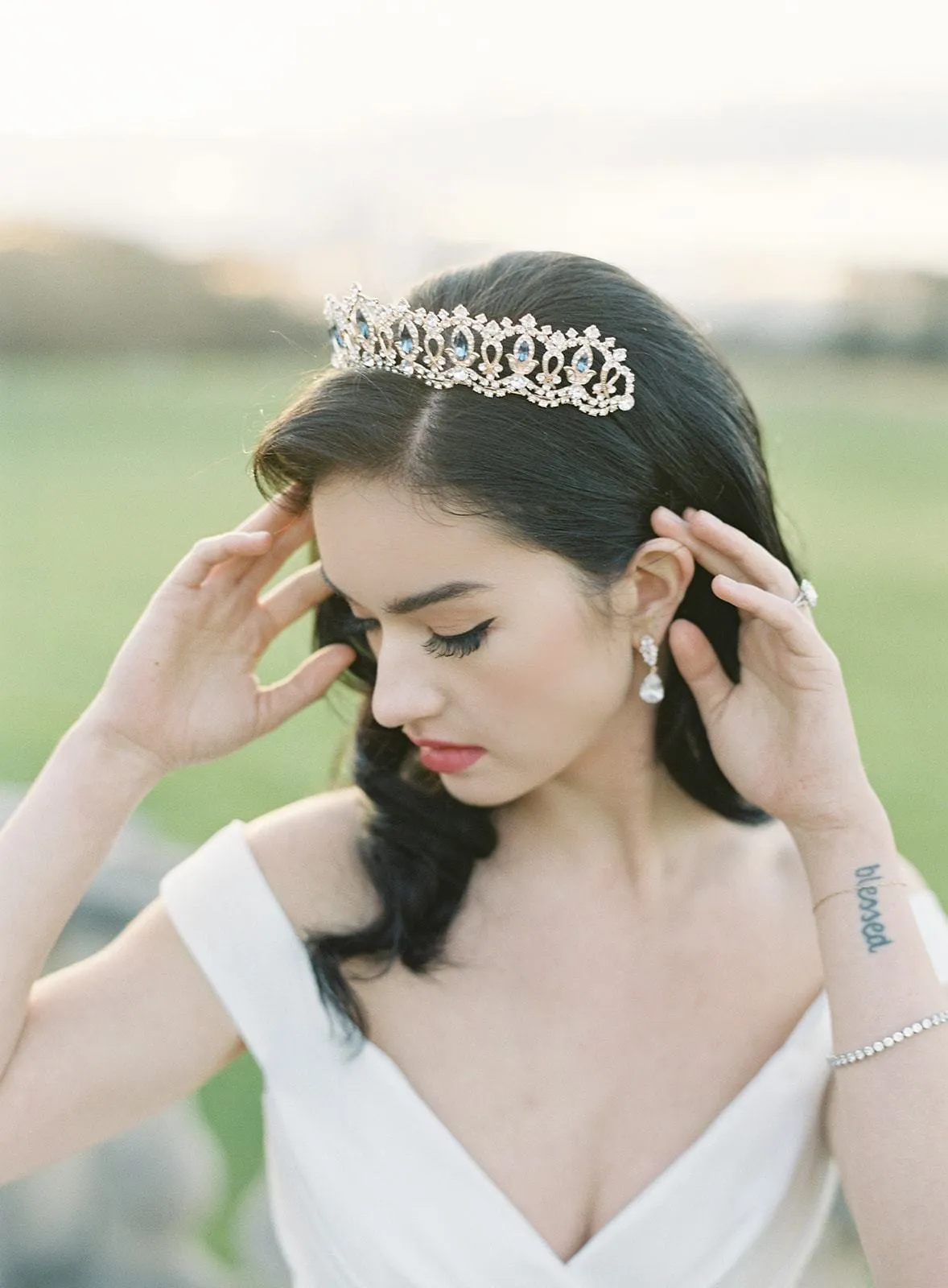 GRAND SERENA Rose Gold Tiara with London Blue Accent Stones and Pearls