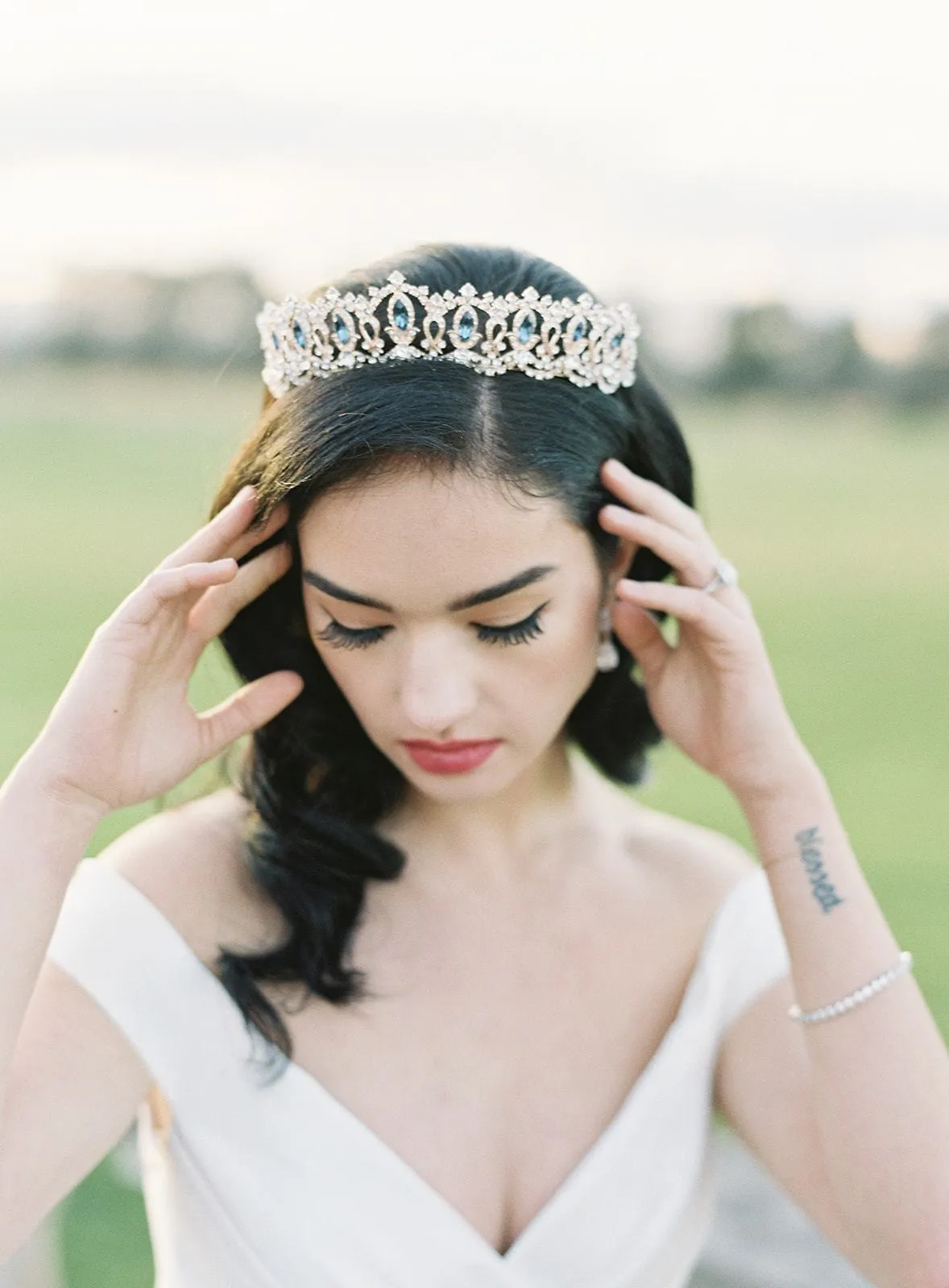 GRAND SERENA Rose Gold Tiara with London Blue Accent Stones and Pearls