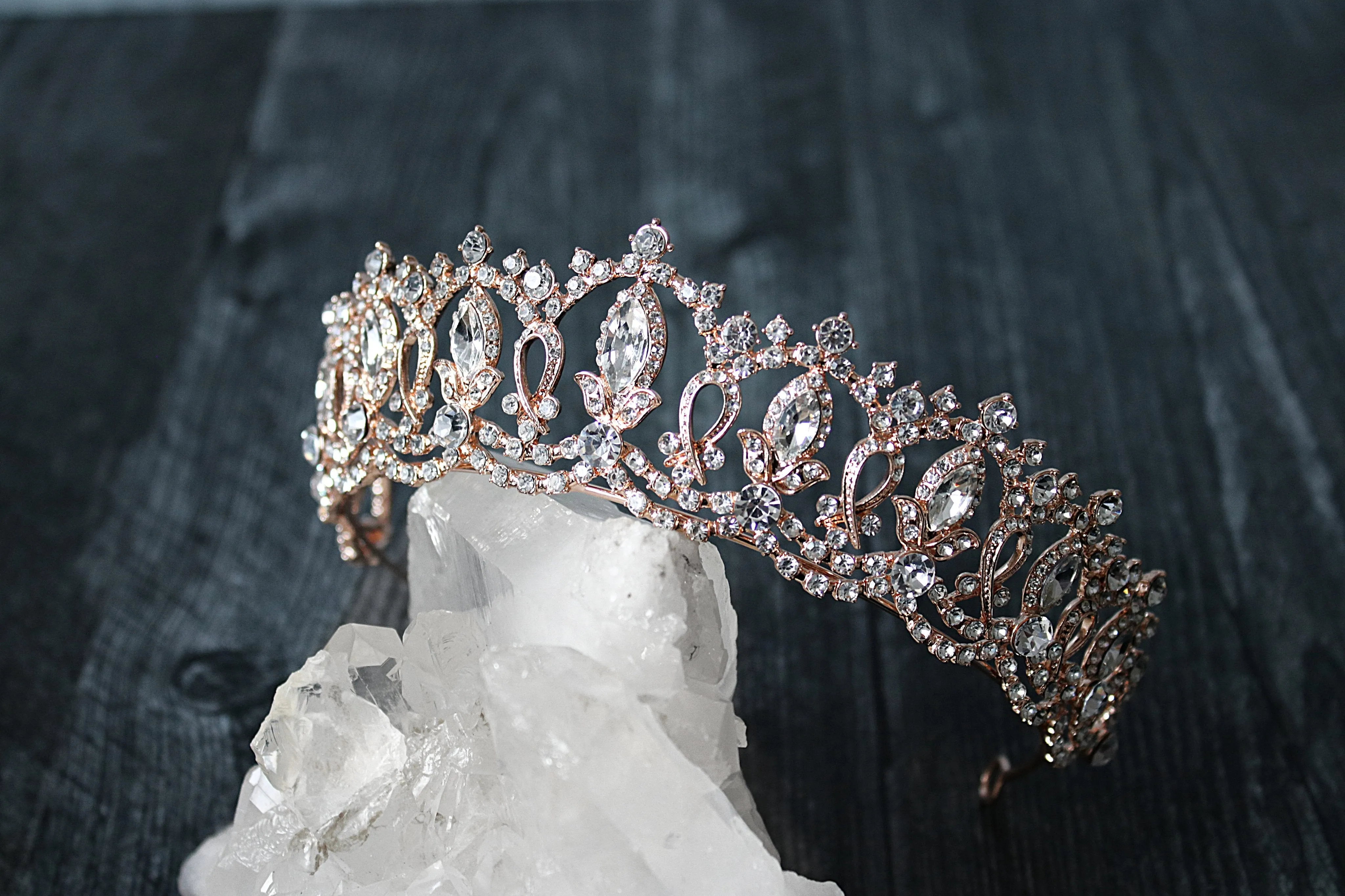 GRAND SERENA Rose Gold Tiara with London Blue Accent Stones and Pearls