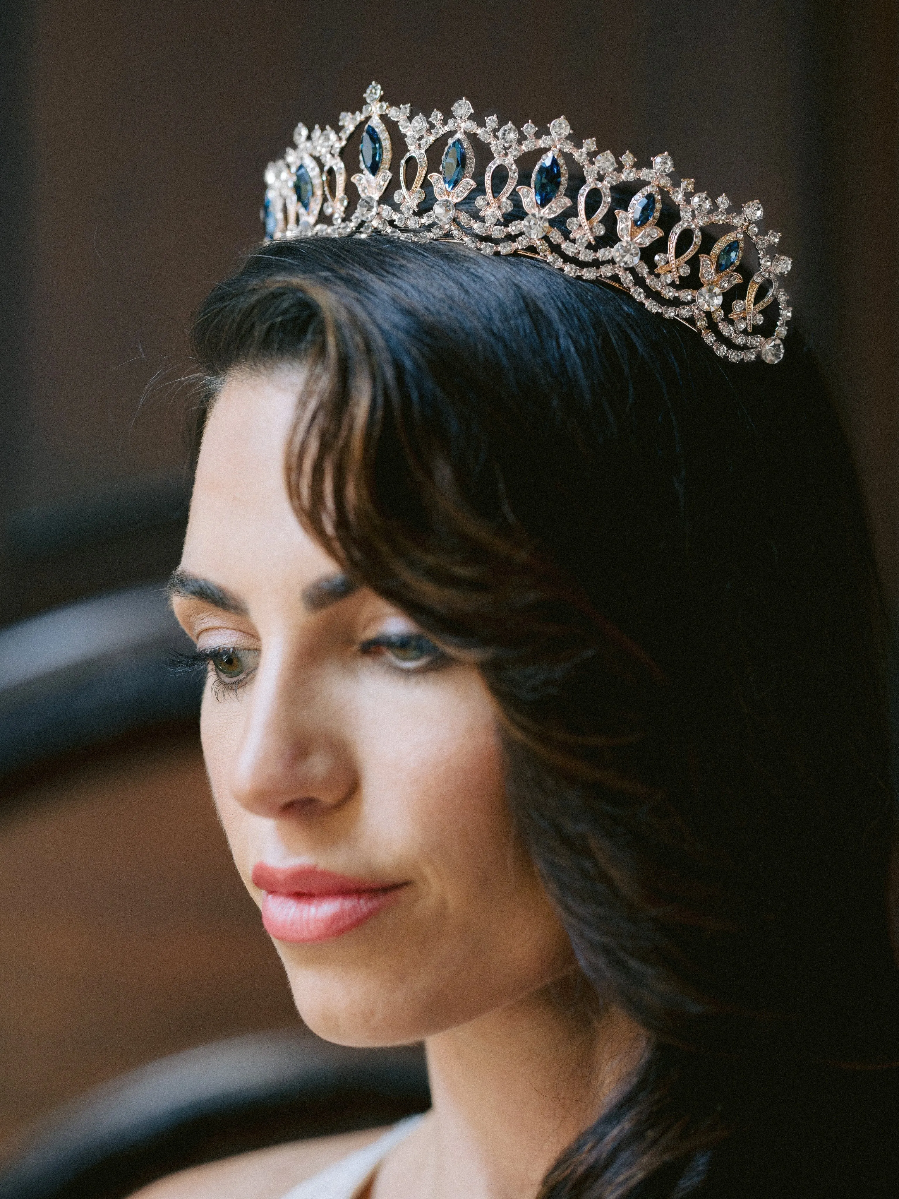 GRAND SERENA Rose Gold Tiara with London Blue Accent Stones and Pearls