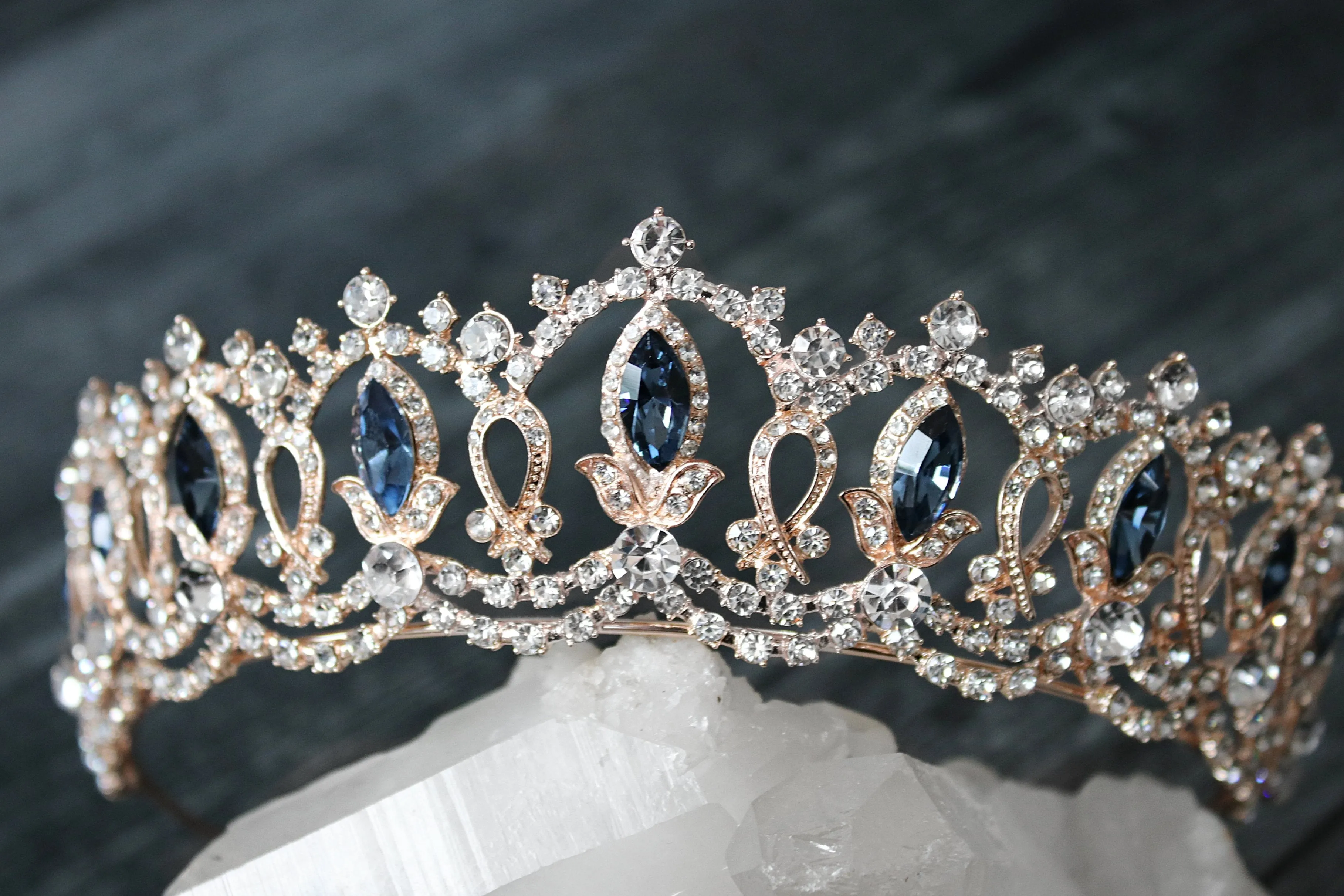 GRAND SERENA Rose Gold Tiara with London Blue Accent Stones and Pearls