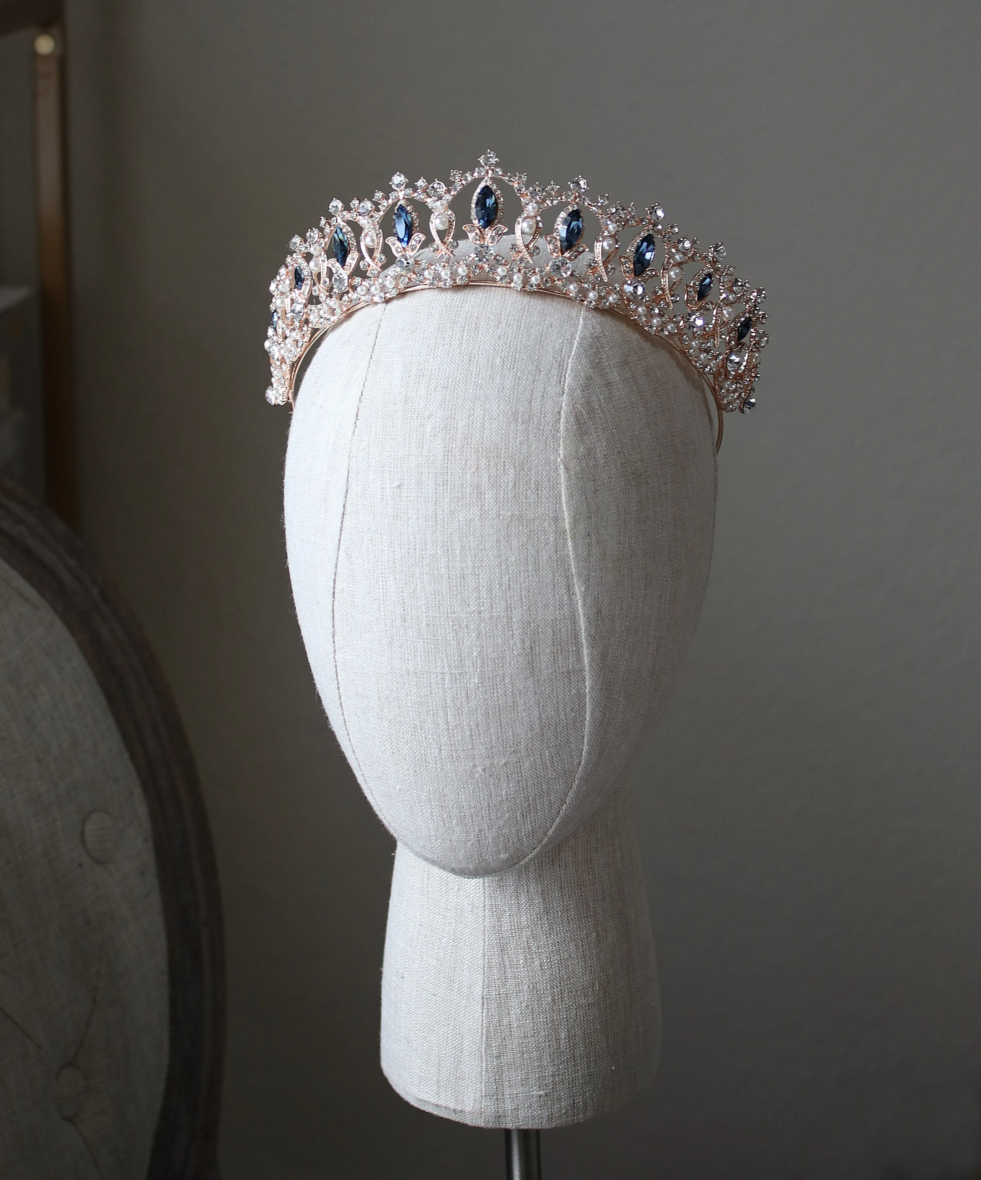 GRAND SERENA Rose Gold Tiara with London Blue Accent Stones and Pearls