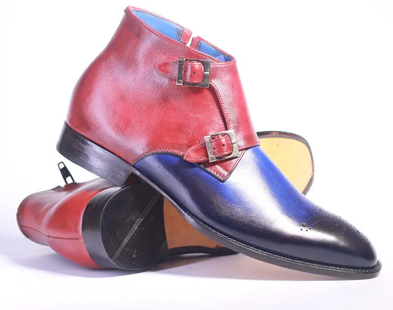 Handmade Leather Multi Color Brogue Toe boots, Men Double Monk Side & Zipper Boots