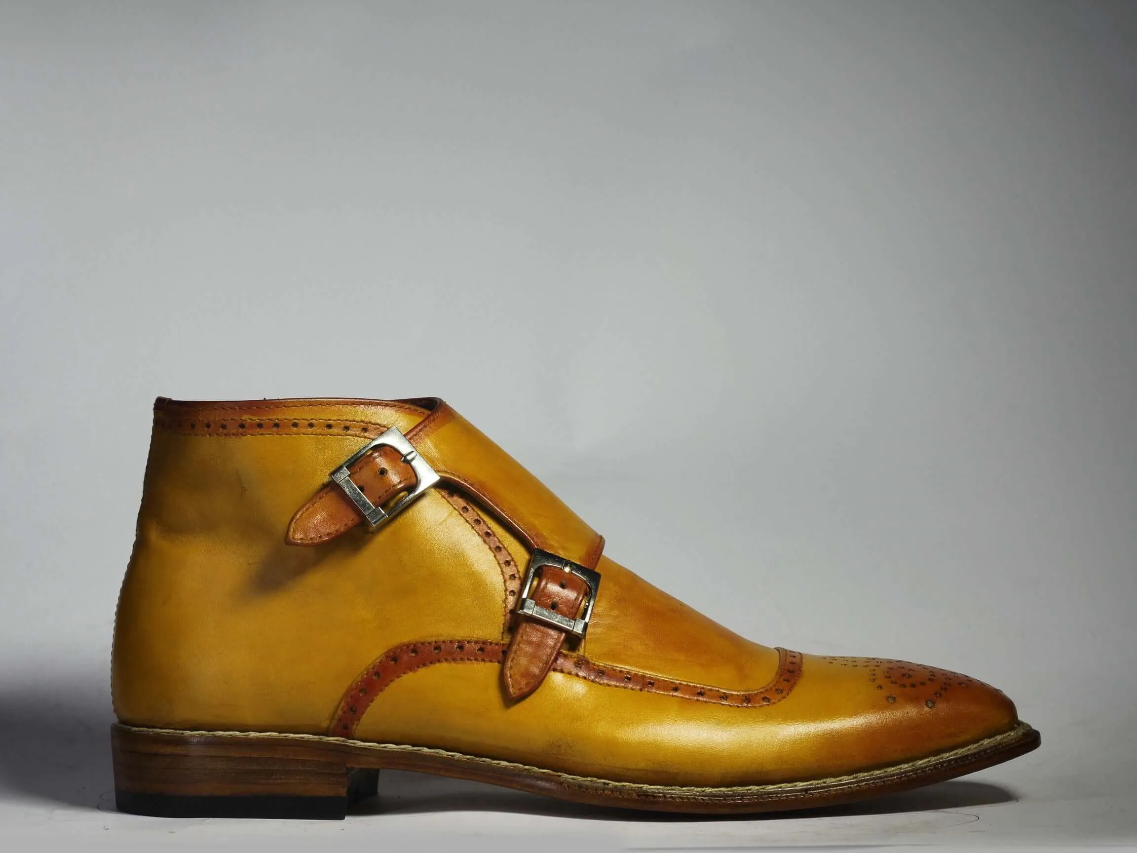 Handmade Men's Tan Leather Boots, Men Brogue Double Monk Dress Fashion Boots