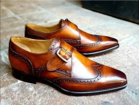 Handmade Men's Two Tone Tan Brown Leather Wing Tip Monk Strap Shoes, Men Designer Dress Formal Luxury Shoes