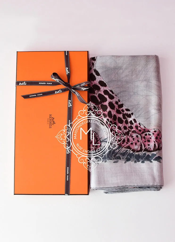 Hermes "Panthera Pardus" Gray Pink Cashmere 140 GM Shawl Scarf