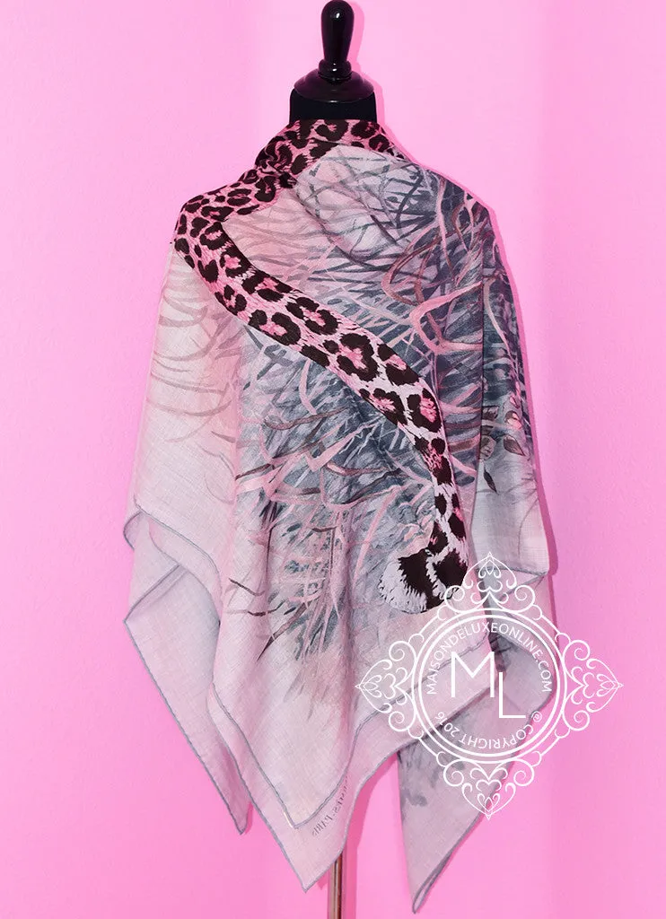 Hermes "Panthera Pardus" Gray Pink Cashmere 140 GM Shawl Scarf