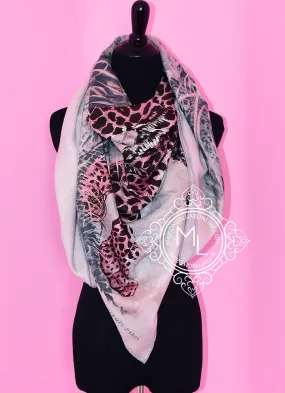 Hermes "Panthera Pardus" Gray Pink Cashmere 140 GM Shawl Scarf