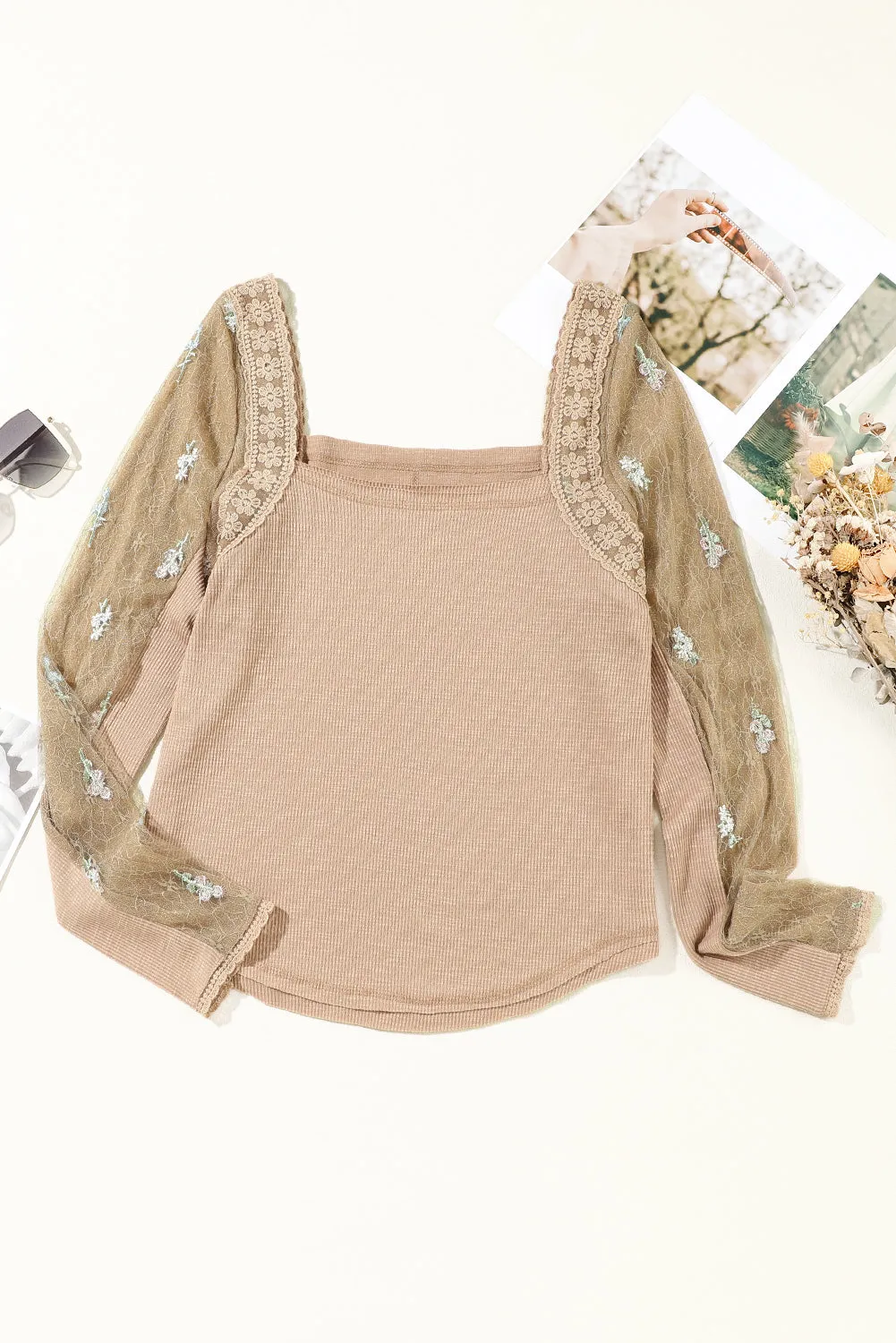 Light French Beige Floral Gauze Sleeve Patchwork Ribbed Knit Top