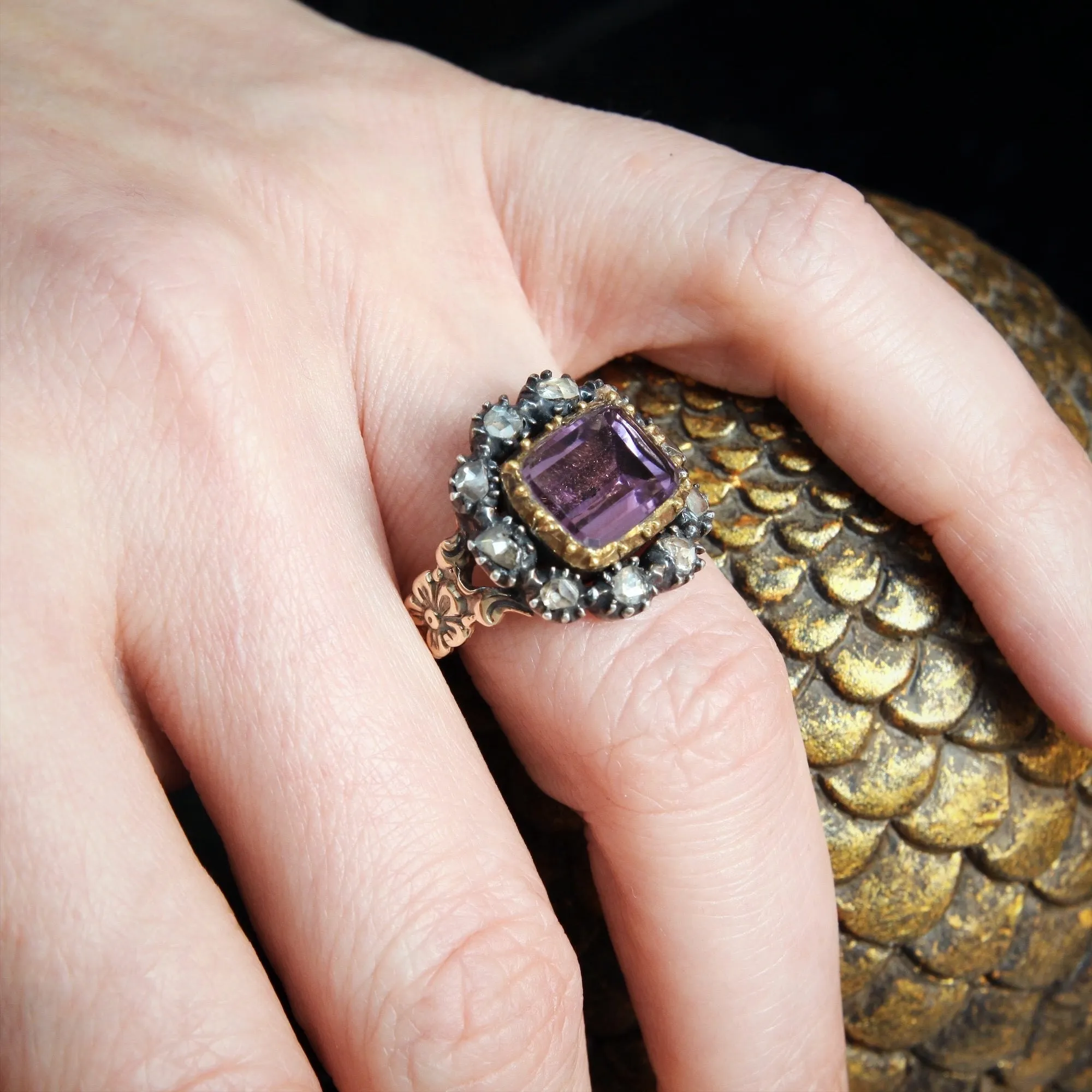 Prized Rare Antique Georgian Rose Amethyst and Diamond Ring