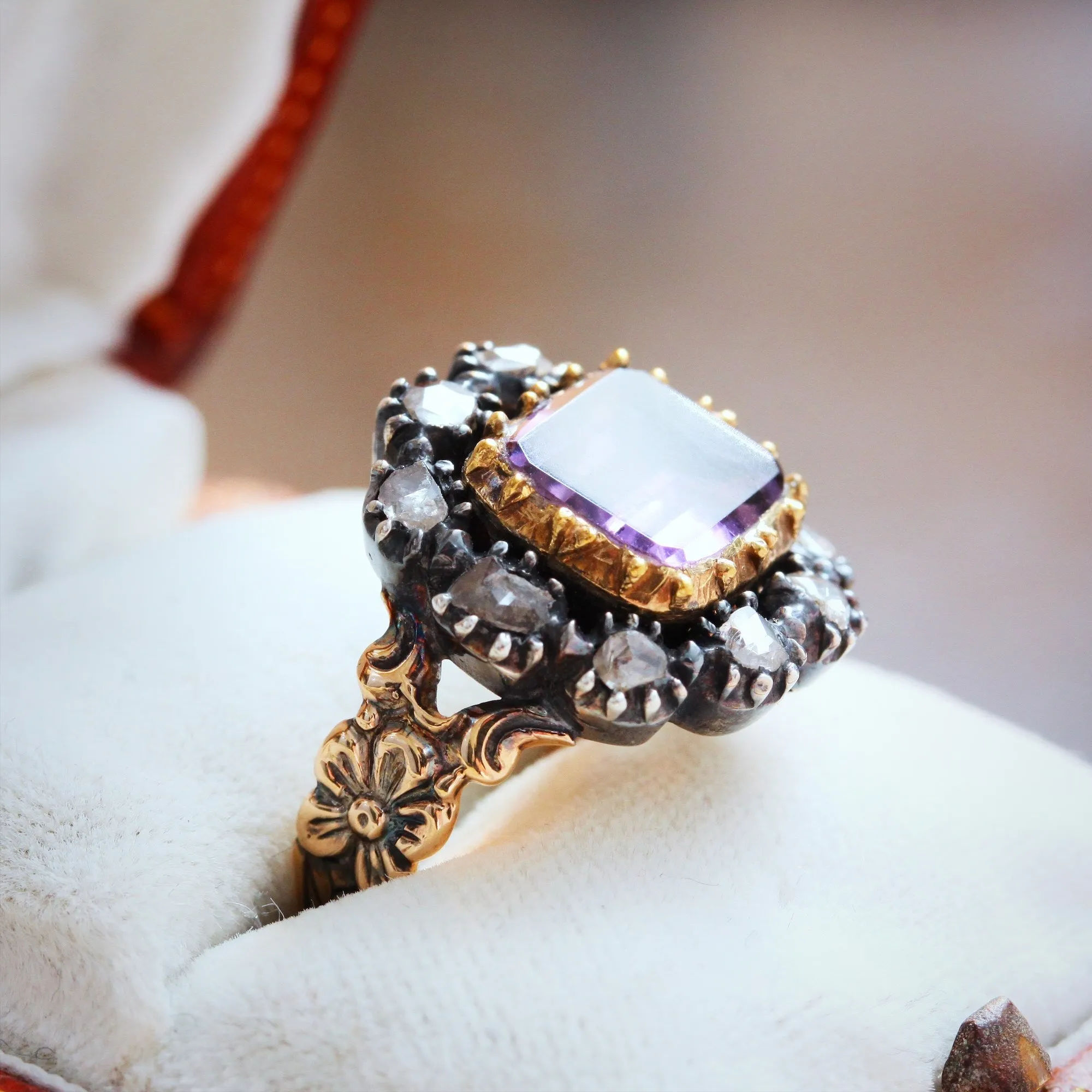 Prized Rare Antique Georgian Rose Amethyst and Diamond Ring