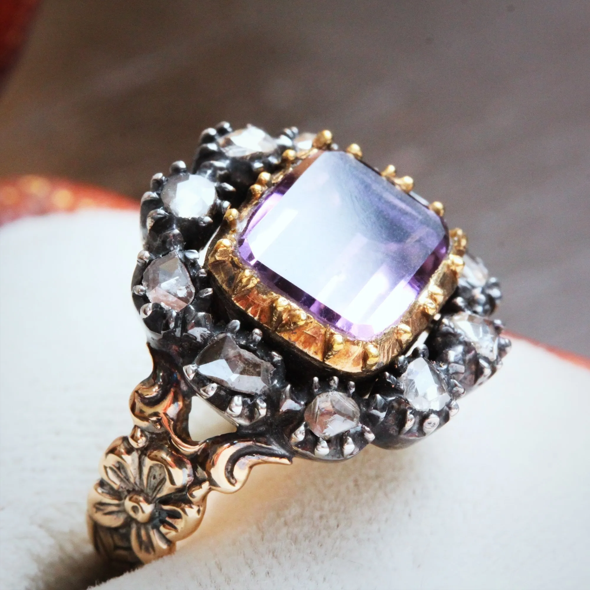 Prized Rare Antique Georgian Rose Amethyst and Diamond Ring