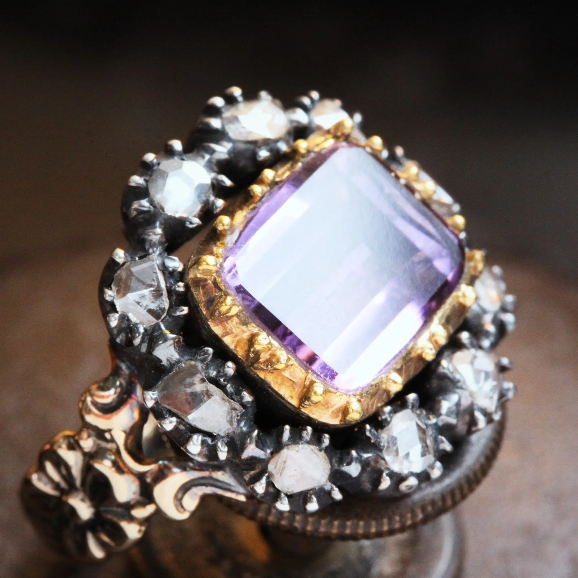 Prized Rare Antique Georgian Rose Amethyst and Diamond Ring